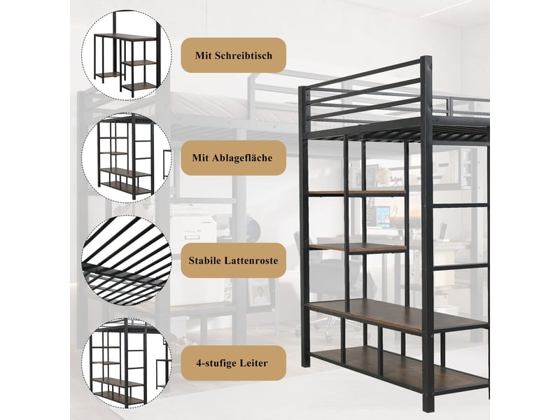  Lit mezzanine 120x200, structure métal robuste lit mezzanine avec bureau, échelle sécurisée, sommier inclus, rangement intégré  - Conforama D