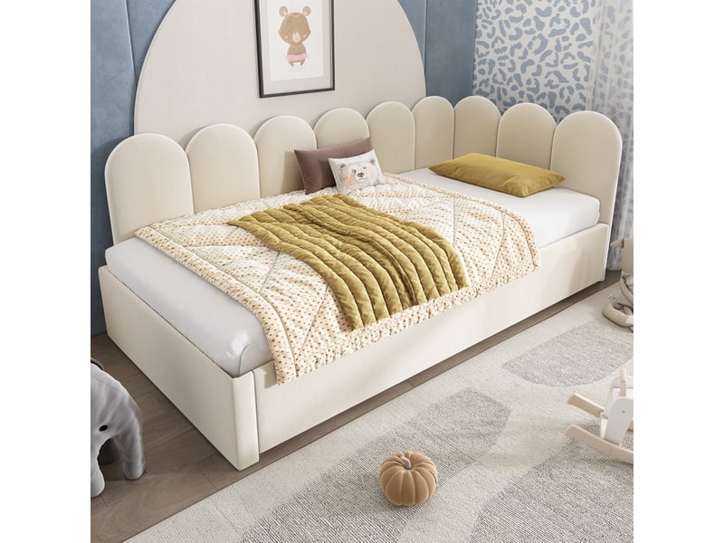  Lit enfant 90x200 cm avec lit gigogne 90x190 cm, structure en l réversible, sommiers, velours, beige, sans matelas  - Conforama B