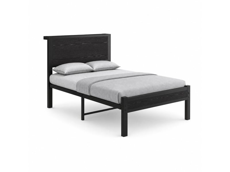  Lit simple 90x200 cm avec tête de lit et rangement, mdf et métal, noir sans matelas  - Conforama A
