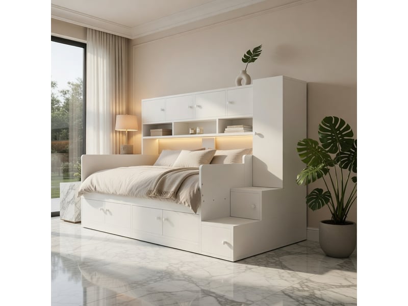 Gutenacht lit enfant bois 90x200cm, rangement, échelle, led, blanc - Conforama C