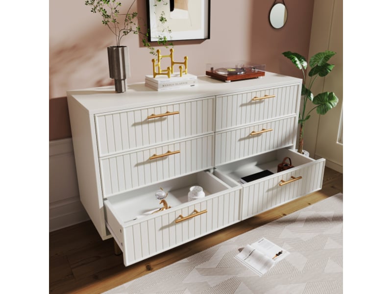  Commode 120x40x75 cm avec 6 tiroirs, buffet bas avec rangement, buffet salon en blanc, pour salon et chambre à coucher  - Conforama C