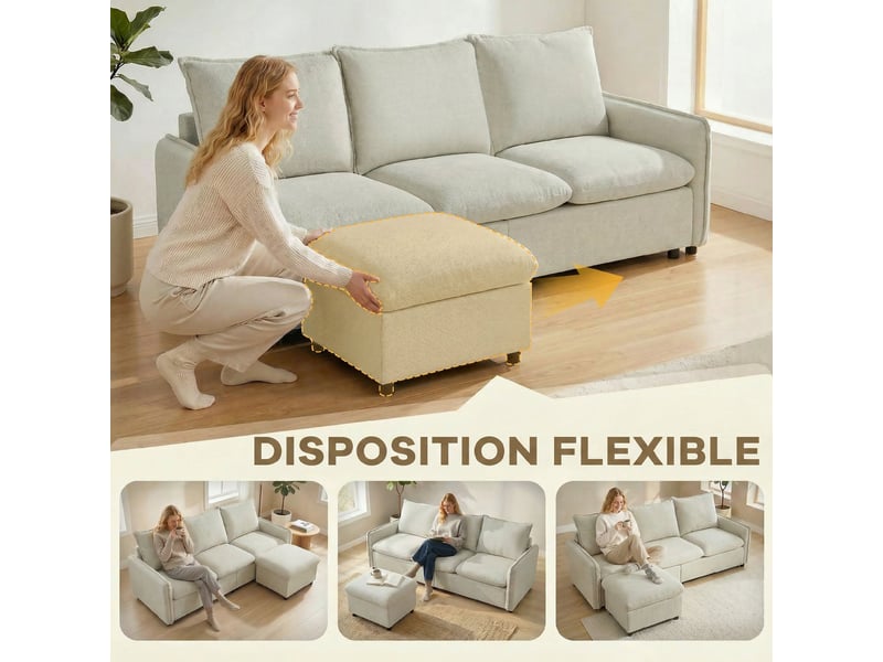  Canapé 3 places avec pouf de rangement, canapé d'angle modulable 212 cm, coussins à ressorts, crème, tissu en lin  - Conforama E
