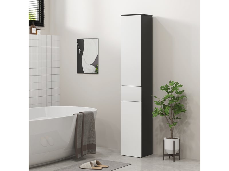  Colonne de salle de bain en bois gain de place avec 2 placards et un tiroir, 30 x 28 x 180 cm, noire  - Conforama C