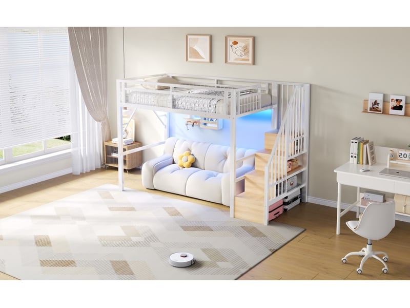 Lit mezzanine enfant 90 x 200 cm avec escalier de rangement et éclairage led, garde-corps et sommier à lattes inclus, métal, blanc Morn Vibe - Conforama B