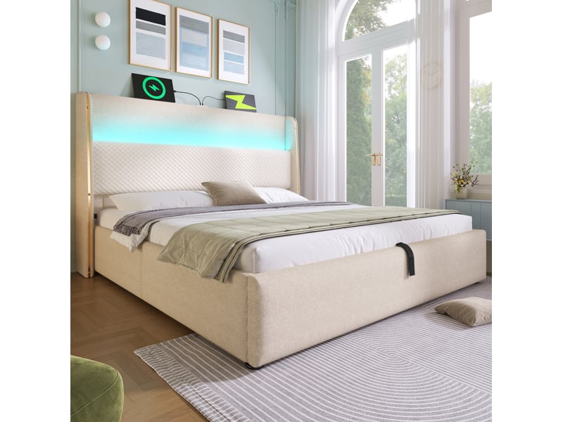  Lit coffre 180 × 200 cm 2 places avec led réglable, usb et type-c, rangement hydraulique, avec matelas, beige  - Conforama B