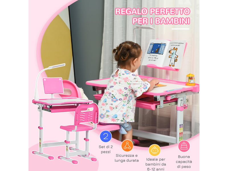  Bureau d'écolier réglable avec chaise pour enfants de 6 à 12 ans, 70 x 49,5 x 80-105 cm, rose  - Conforama E