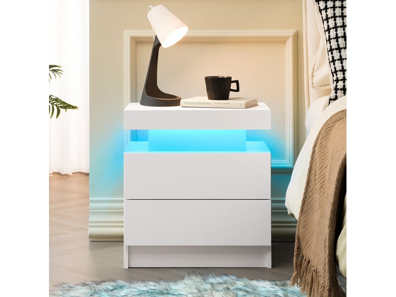  Table de chevet led moderne blanche avec 2 tiroirs – 50 x 53 x 36 cm  - Conforama B