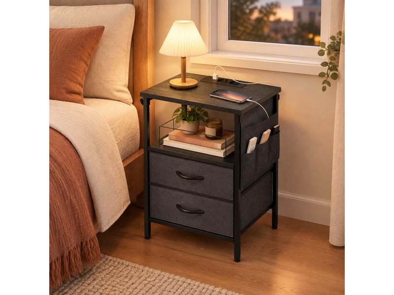  Table d’appoint avec prises et usb, 2 tiroirs, rangement - lpospi - style industriel bois noir 40 × 30 × 60 cm  - Conforama C