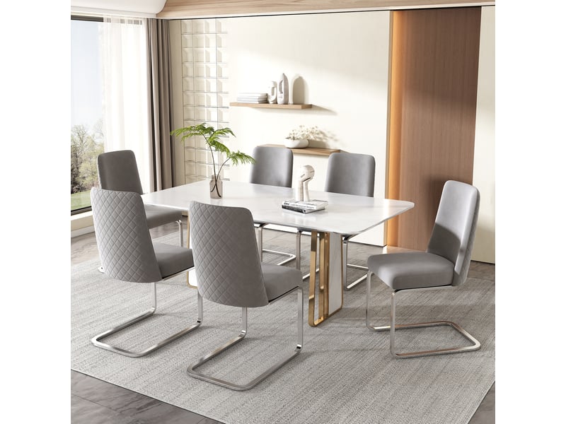  Lot de 6 chaises 45x42x88cm, pieds en métal argenté, dossier à design de diamant, design moderne, velours, gris  - Conforama C