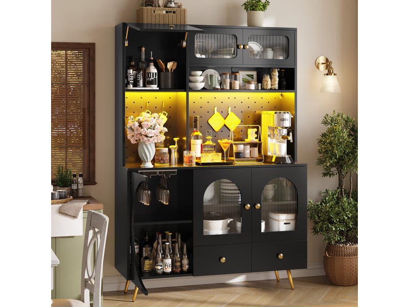  Meuble de cuisine muvano, buffet haut noir avec éclairage led, prises usb et rangements, 120 x 40 x 176 cm  - Conforama D