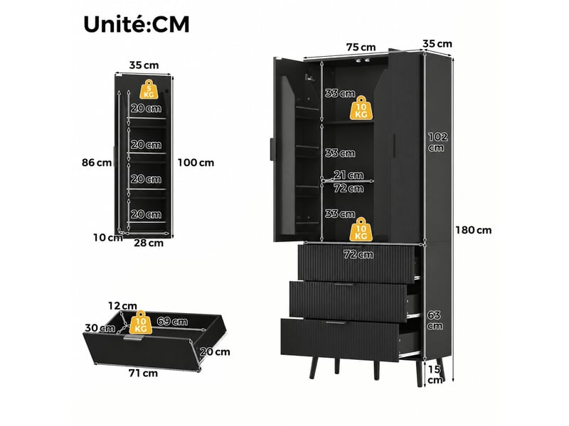 Meuble de cuisine muvano, armoire de cuisine haute noire en mdf, 2 portes et 3 tiroirs, 75 × 35 × 180 cm  - Conforama W
