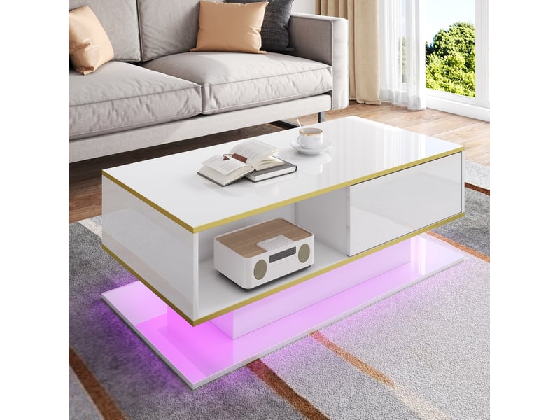  Table basse moderne 100x50x40 cm avec led, 3 tiroirs, finition brillante, pratique, panneau de particules, blanc et or  - Conforama B