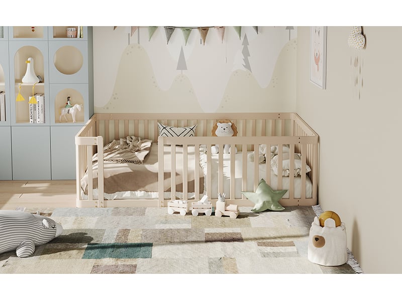  Cadre de lit enfant 90x200 en pin massif avec barrière, couleur crème  - Conforama W
