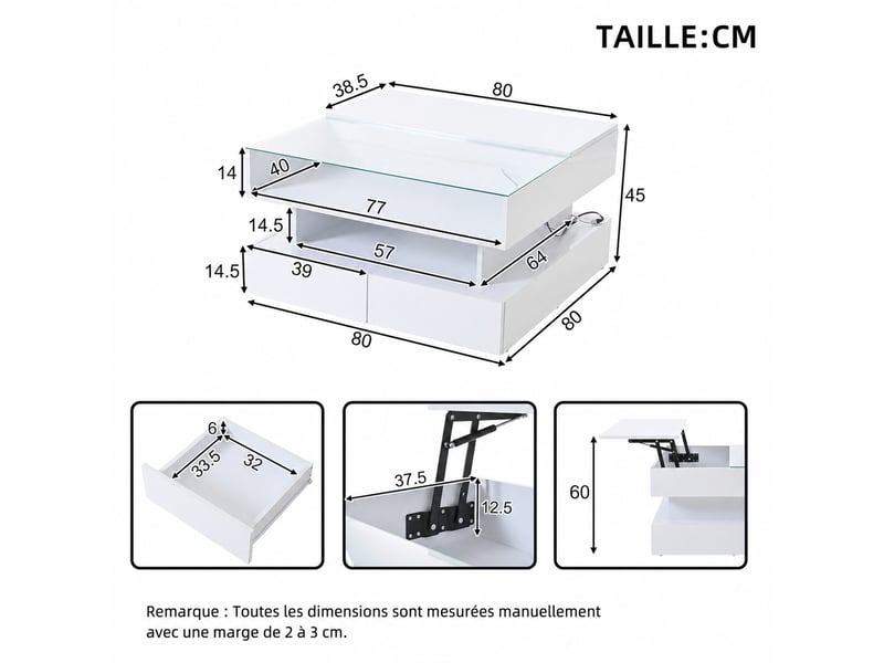  Table basse relevable carrée – led et rangements – verre trempé – blanche – 80 x 80 x 45 cm  - Conforama D