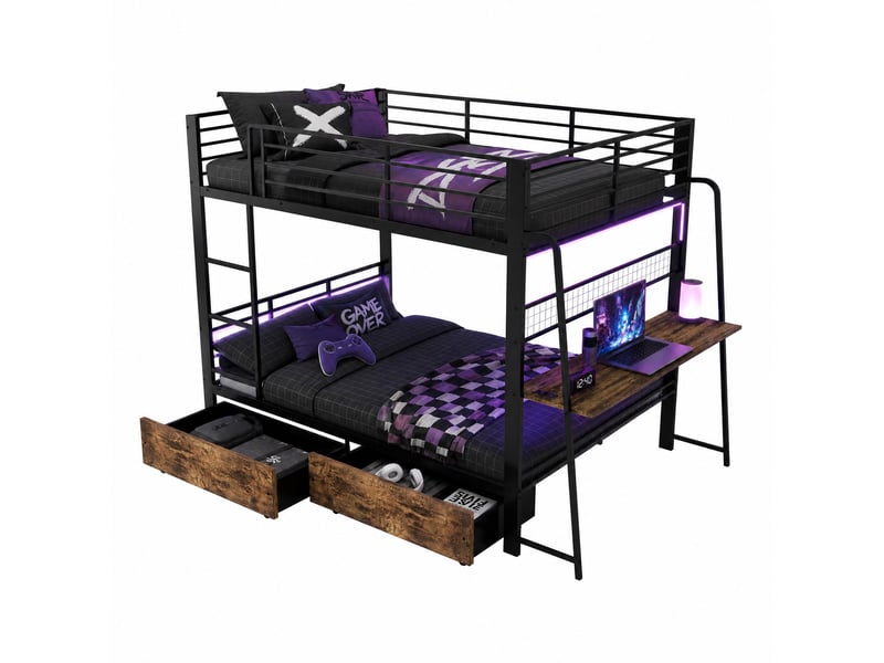 Lits superposés 140 × 200 cm métal noir, bureau, led et tiroirs de rangement IKSETERA TRADING LTD - Conforama A