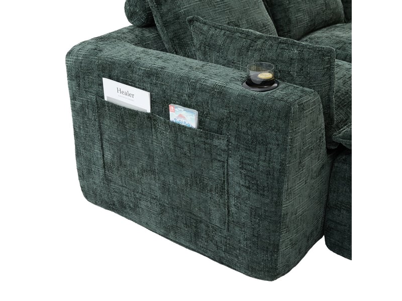  Canapé modulaire 3 places avec pouf coussins porte-gobelet et pochettes en chenille vert foncé mousse et ressorts  - Conforama E