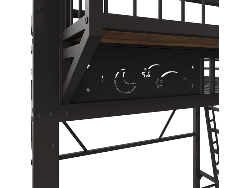  Lit mezzanine 140×200 cm avec rangements et escalier réversible en métal noir sans matelas  - Conforama D
