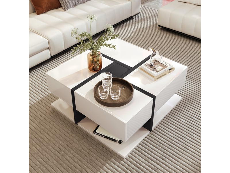  Table basse, 78x78x36 cm, panneau de particules, 4 tiroirs, plateau extensible, style luxueux, design moderne et fonctionnel pour salon  - Conforama B