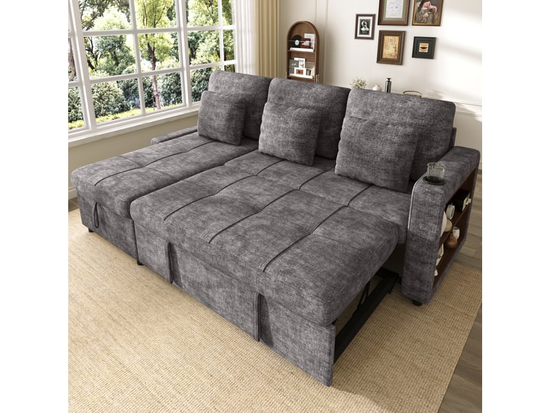  Canapé convertible 3 places avec méridienne, coffre de rangement, porte-gobelet et étagère en chenille gris  - Conforama D