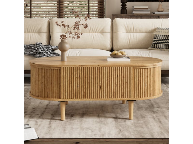 Table basse ovale chêne avec plateau relevable et rangement compartimenté, pieds en pin massif 100x48x54,5 cm - Conforama B