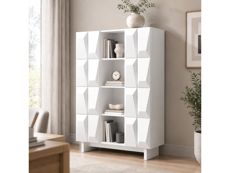  Vitrine 4 portes et 12 compartiments pour salon en panneaux de particules 90,5×34×135,5 cm blanc  - Conforama B