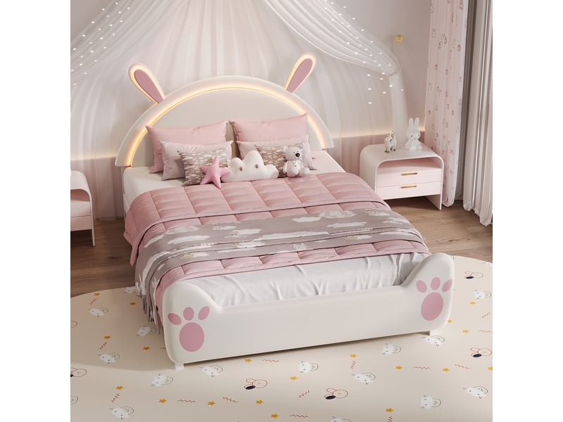  Lit enfant 140x200 cm avec led, lit 2 places avec tête de lit lapin et oreilles, tissu velours, blanc, sans matelas  - Conforama B