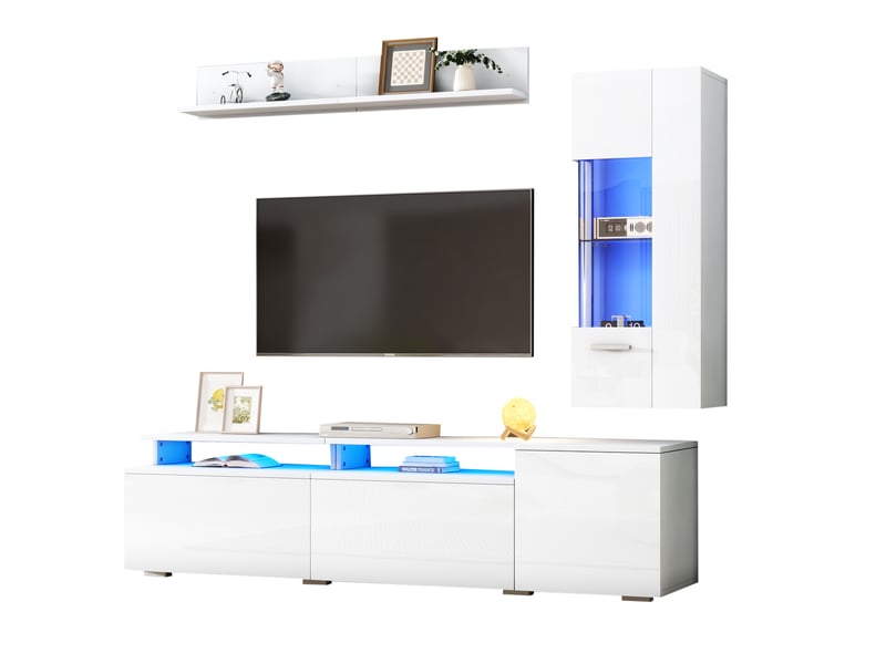  Ensemble meuble tv mural blanc laqué 3 pièces avec led pour écran 80 pouces  - Conforama A