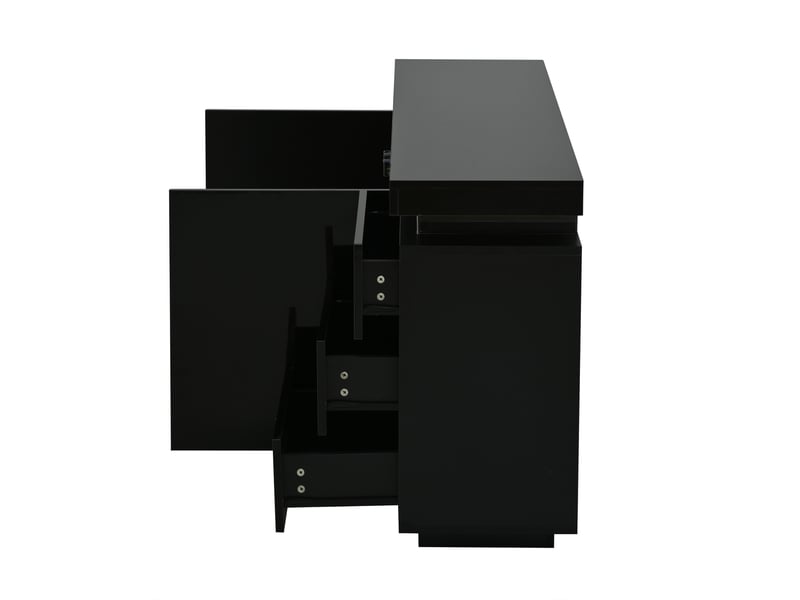  Buffet de cuisine haut noir brillant 140x72.5cm, 2 portes et 3 tiroirs, meuble rangement moderne sans poignées pour salon ou entrée  - Conforama R