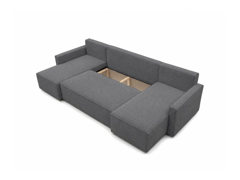 Farah - canapé d'angle panoramique convertible 6 places accoudoirs slim en tissu bouclettes texturées - Conforama D