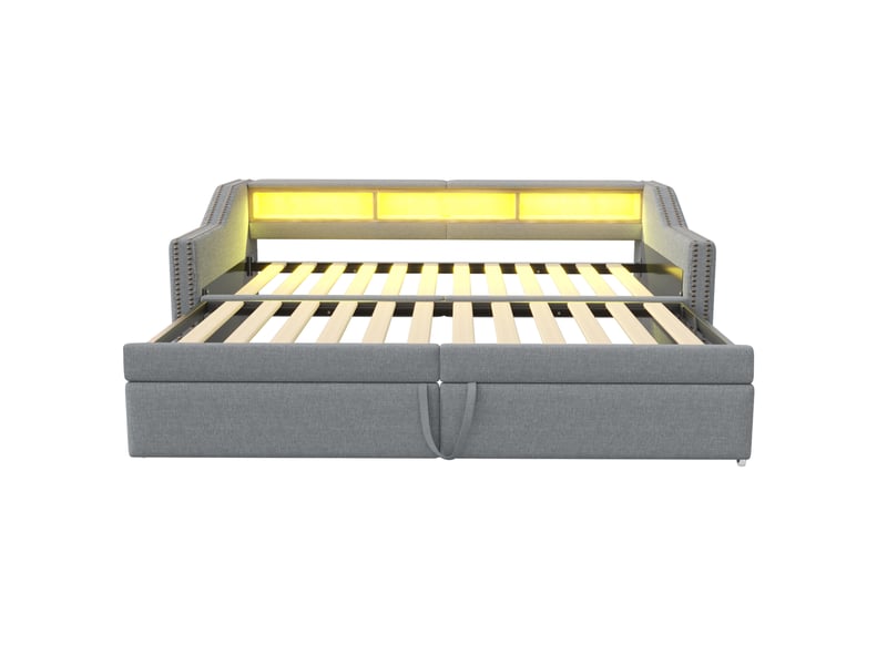 Lit enfant gigogne 90 x 200 cm, rangement latéral led et prise usb, sommier à lattes, tissu lin, gris clair sans matelas - Conforama R