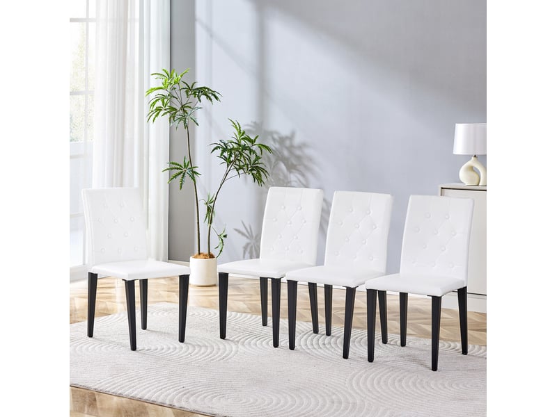  Lot de 4 chaises de salle à manger 89 cm, dossier à motifs losange, chaise cuisine, assise confort, blanc pu, noir métal  - Conforama D