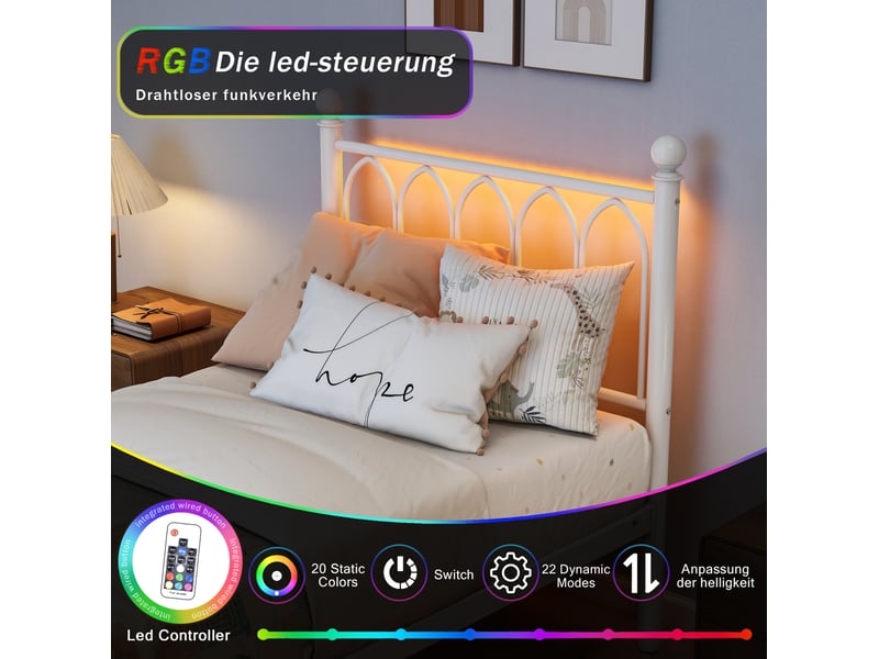 Cadre de lit 90x200 cm métallique avec tête et pied vintage, chargeur usb, led, soutien à lames d'acier heavy duty, espace de rangement sous-lit, sans ressorts - Conforama D