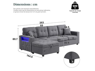 Canapé d'angle modulable avec pouf de rangement, canapé 4 places gris en tissu lin, ports usbtype-c et éclairage led, 253cm.