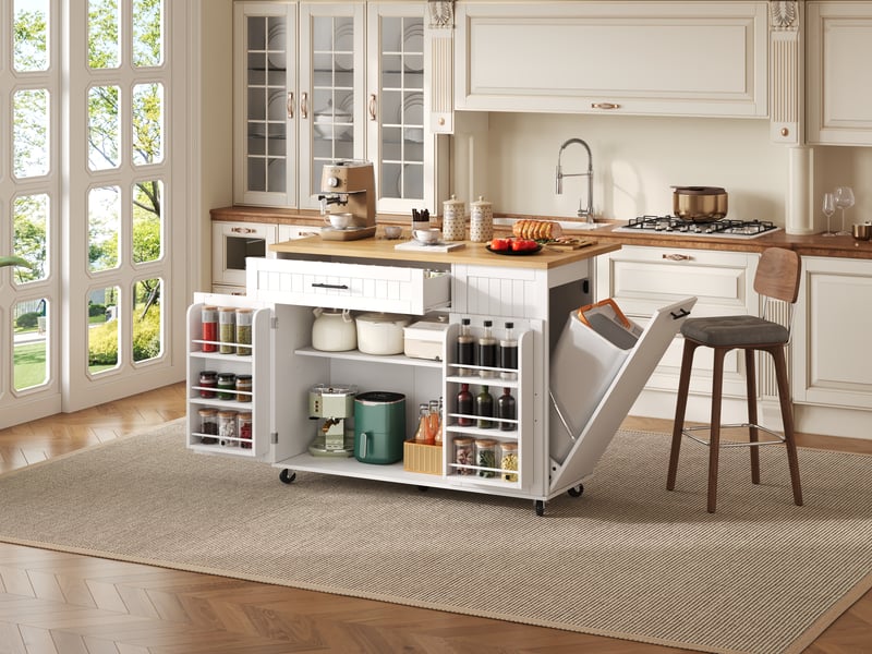 Îlot de cuisine mobile avec plan de travail rabattable, rangement et espace poubelle, îlot central blanc et bois sur roulettes, 130x70x93cm - Conforama B