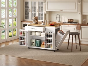 Îlot de cuisine mobile avec plan de travail rabattable, rangement et espace poubelle, îlot central blanc et bois sur roulettes, 130x70x93cm