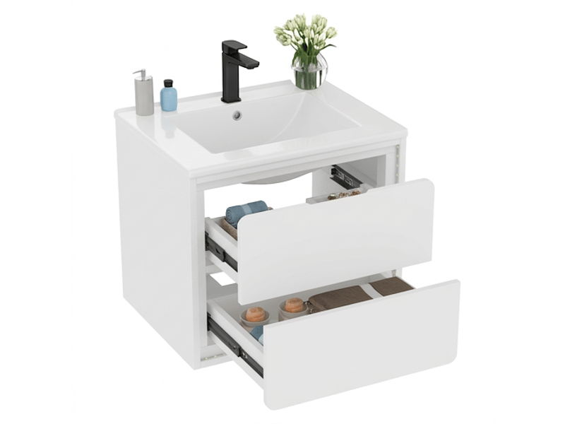  Meuble salle de bain suspendu 60 cm avec vasque céramique, meuble sous vasque blanc laqué, éclairage led capteur  - Conforama A