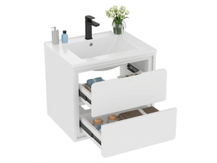 Meuble salle de bain suspendu 60 cm avec vasque céramique, meuble sous vasque blanc laqué, éclairage led capteur