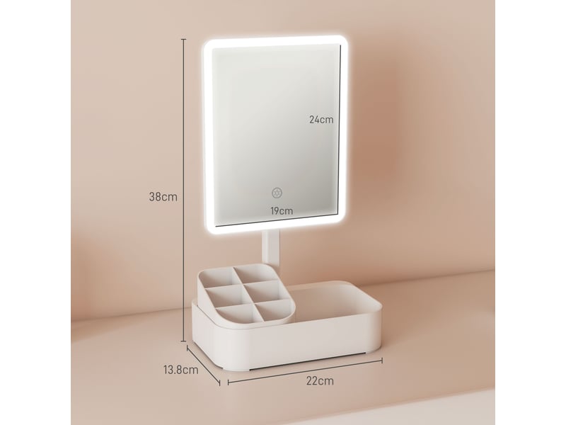  Miroir de maquillage avec éclairage réglable sur 2 niveaux, rotation à 180° et organiseur de maquillage, blanc  - Conforama E