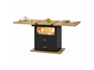 Table de salle à manger pour 6 personnes avec 2 tiroirs et plateau extensible, éclairage led, bois et noir
