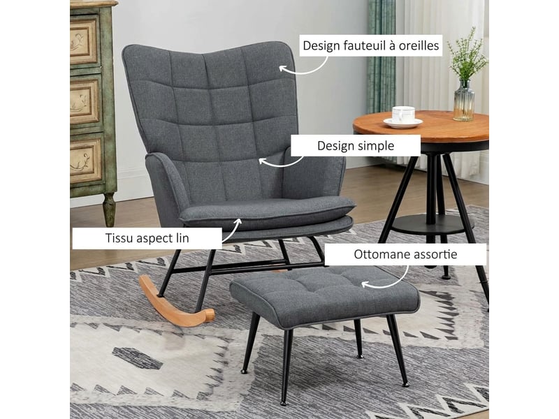  Fauteuil à bascule avec repose-pieds et dossier haut, fauteuil d'allaitement aspect lin pour salon et chambre, charge 130 kg, gris  - Conforama W