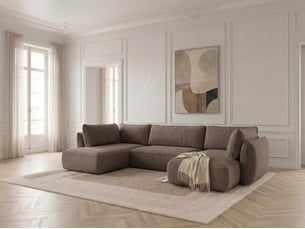 Canapé d'angle droit convertible <strong>BOBOCHIC</strong> <strong>ESMEE</strong> 5 places Tissu taupe avec coffre de rangement