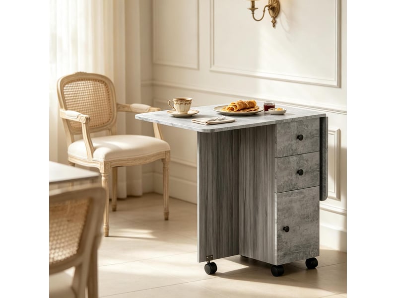  Table à manger pliante avec tiroirs et roulettes, extensible 120 x 60 cm, grise  - Conforama E
