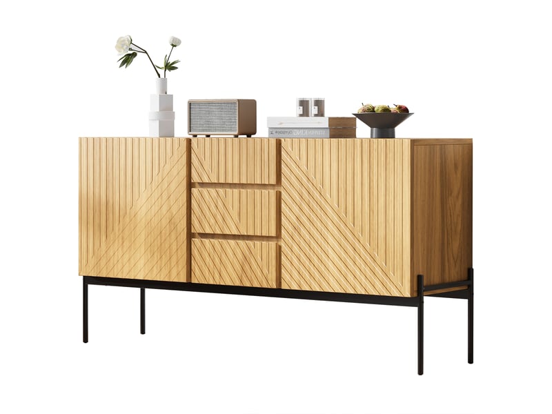 Buffet avec 2 portes et 3 tiroirs, pieds en métal, commode au design linéaire, dimensions : 140 cm - Conforama A