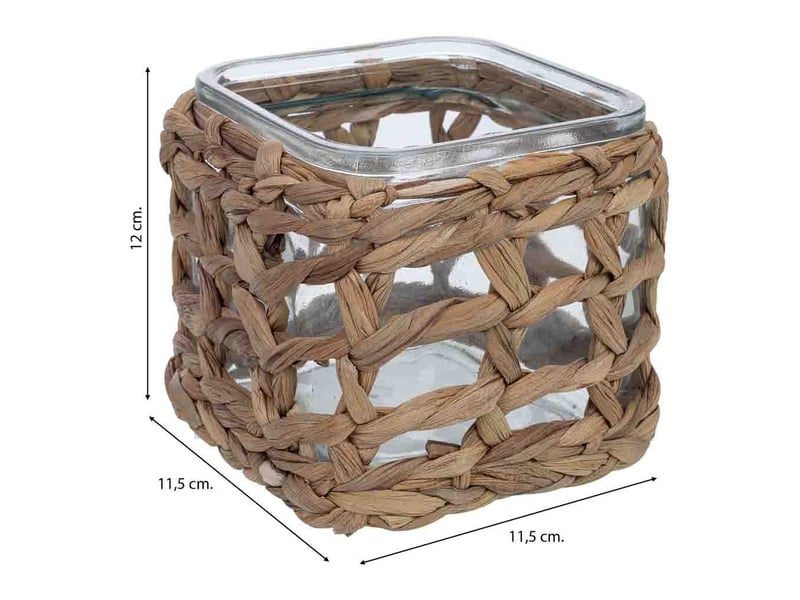  Bougeoir en verre recouvert de fibres naturelles marron, 11,5x11,5x12h cm  - Conforama C