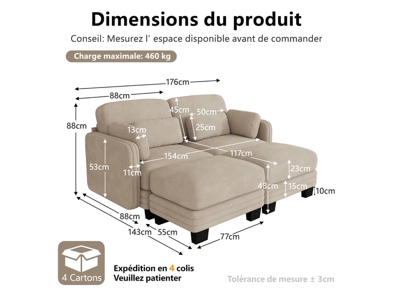  Canapé droit modulable 176 cm 2 places avec 2 poufs, coussins d’accoudoir amovibles, coussins lombaires épais à soutien renforcé, chenille, marron clair  - Conforama D