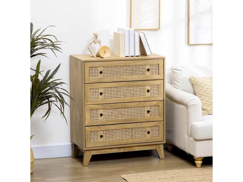  Commode 4 tiroirs meuble de rangement cannage en rotin aspect bois clair 80 x 35 x 95 cm  - Conforama B