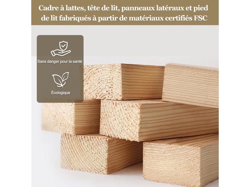 Lit enfant capitonné 140x200 cm, tête de lit rembourrée, coins arrondis, bouclé, beige - Conforama E