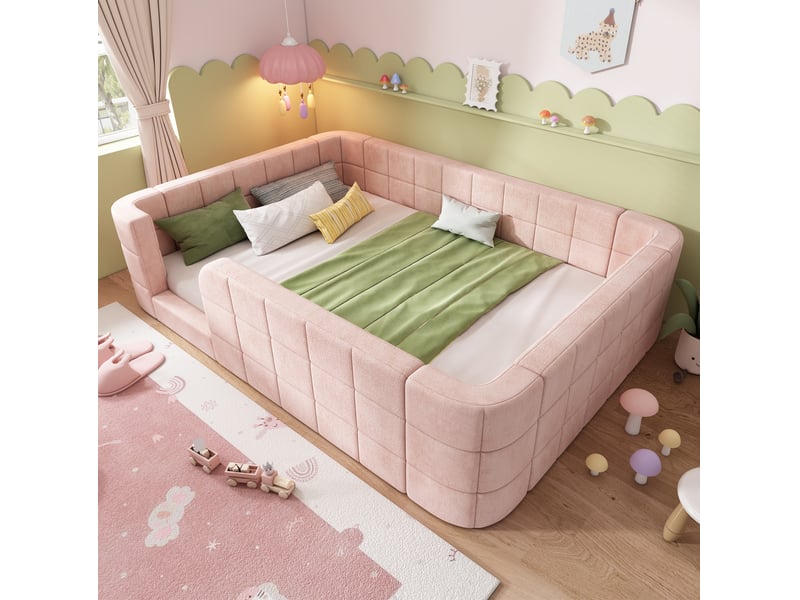  Lit enfant 140 × 200 cm avec barrières de protection rembourrées, entrée basse et sommier à lattes, en chenille rose  - Conforama B