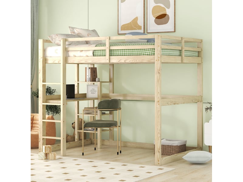  Lit mezzanine enfant 140 x 200 cm – naturel – bureau intégré, 4 niches de rangement - sans matelas  - Conforama B