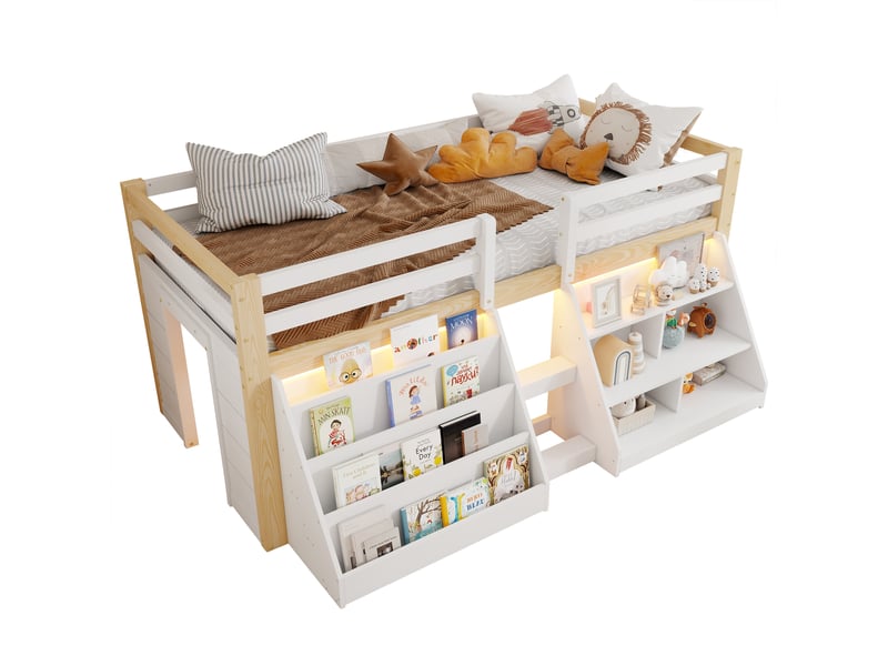 Lit mezzanine enfant 90x200 avec escalier et étagères de rangement, lit enfant avec éclairage led - pin blanc et naturel - Conforama A